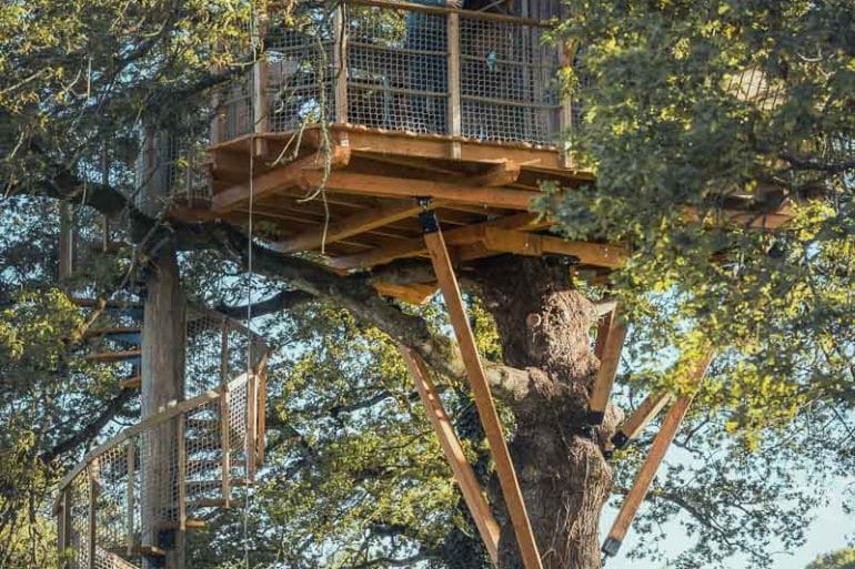 Homme admirant la vue panoramique sur la forêt depuis le balcon en bois d'une cabane perchée.